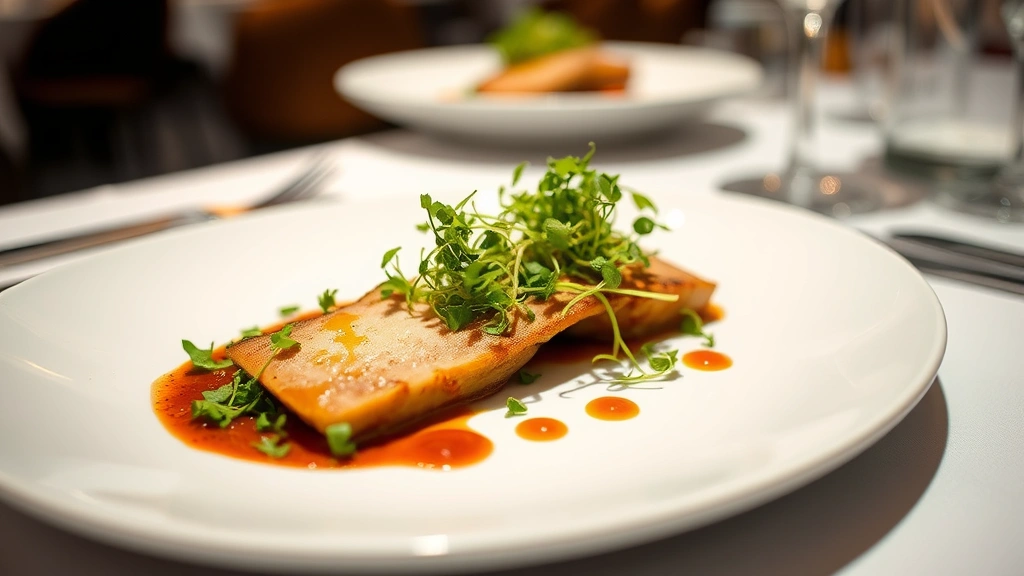 Artfully plated fine dining dish with microgreens, sauce dots, and locally-sourced protein on white ceramic, professional restaurant lighting, shallow depth of field