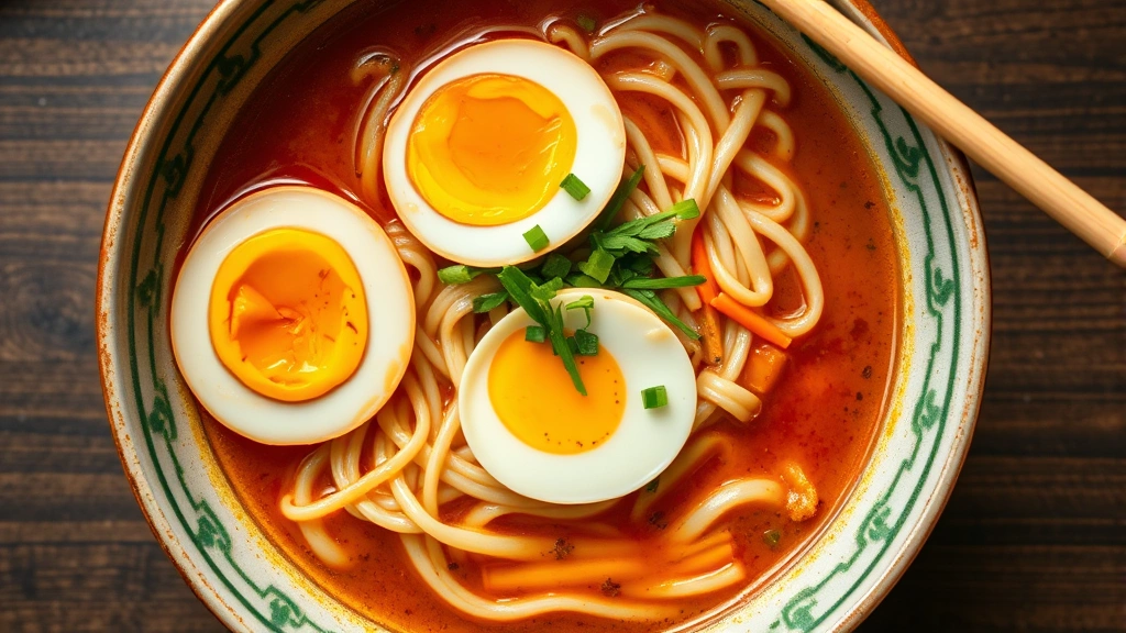 Overhead view of colorful Asian ramen bowl with fresh noodles, rich broth, soft-boiled egg, bamboo shoots, and green onions in traditional ceramic bowl