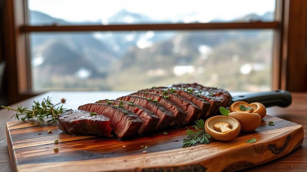 Rustic wooden cutting board with sliced bison steak, wild mushrooms, fresh herbs, and mountain landscape visible through restaurant window in background