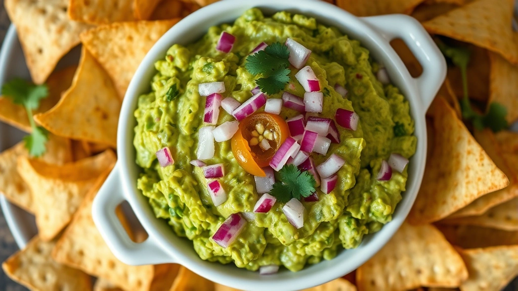 Overhead view of a white ceramic bowl containing vibrant green guacamole with visible red onion pieces, jalapeño slices, and fresh cilantro garnish, surrounded by warm tortilla chips