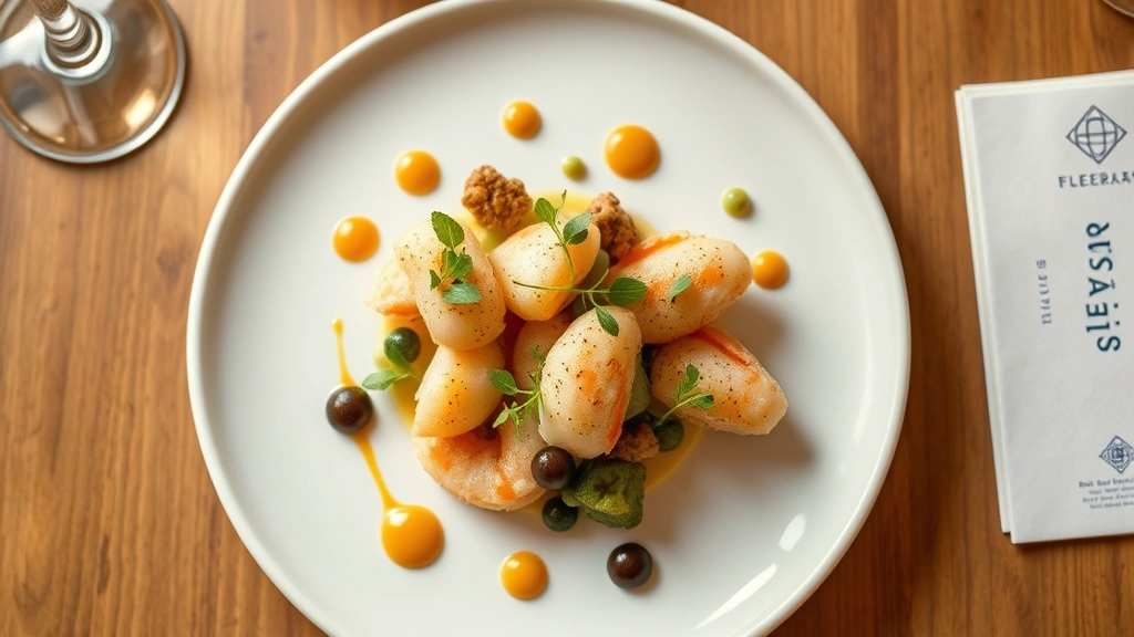 Overhead shot of a beautifully plated fine dining course featuring Irish seafood, microgreens, and artistic sauce dots on white ceramic plate, professional culinary presentation, warm golden lighting