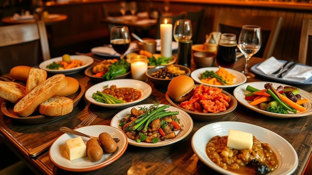 Rustic wooden table spread with multiple Irish dishes including warm bread, butter, fresh vegetables, and artisanal preparations, intimate restaurant dining atmosphere, candlelit ambiance