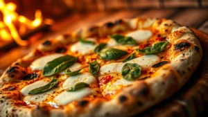 Close-up of authentic wood-fired pizza with blistered crust, melted mozzarella, fresh basil, and charred spots in rustic Italian style, steam rising from oven, warm lighting, shallow depth of field