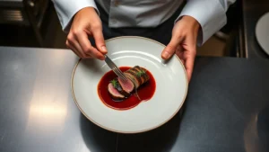 Professional chef plating an elegant duck breast with cherry reduction and microgreens, overhead shot showing precise garnish placement and vibrant plate colors in fine dining kitchen