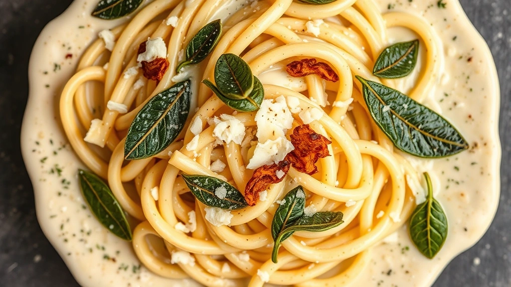 Overhead view of fresh handmade pasta coated in rich cream sauce with crispy sage leaves and parmesan shavings, steam rising, showcasing restaurant-quality presentation and texture