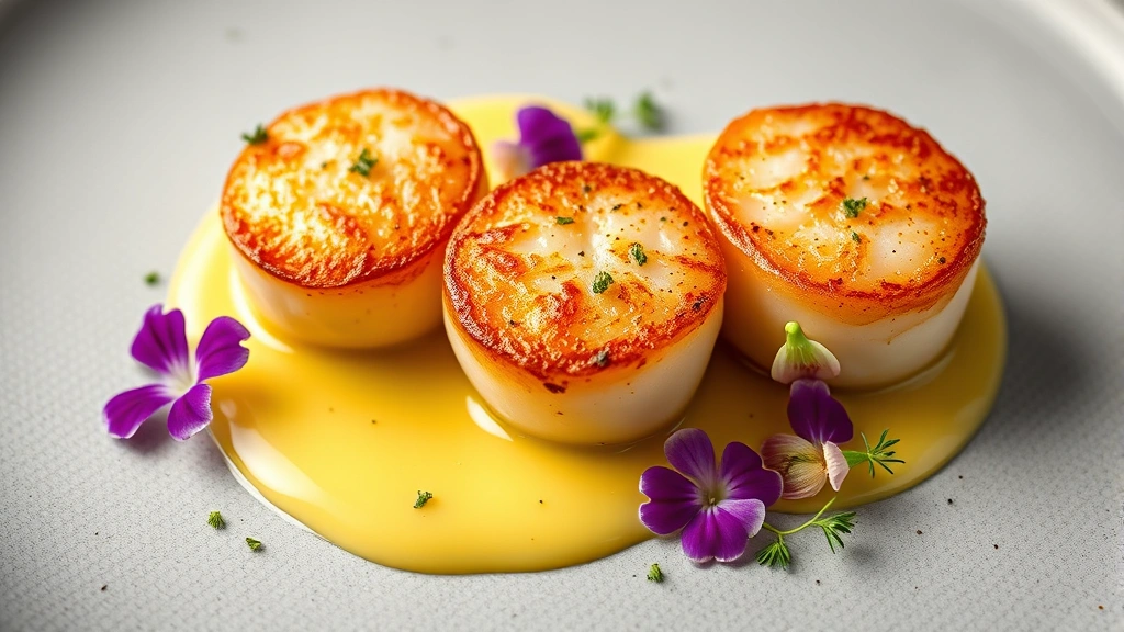 Beautifully seared scallops with golden crust resting on beurre blanc sauce with fresh herbs and edible flowers, professional plating with negative space and color contrast