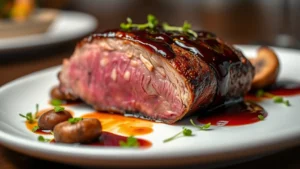 Close-up of perfectly seared duck breast with glossy cherry gastrique reduction, crispy skin glistening, plated on white ceramic with wild mushrooms and microgreens, professional restaurant lighting, shallow depth of field, food photography