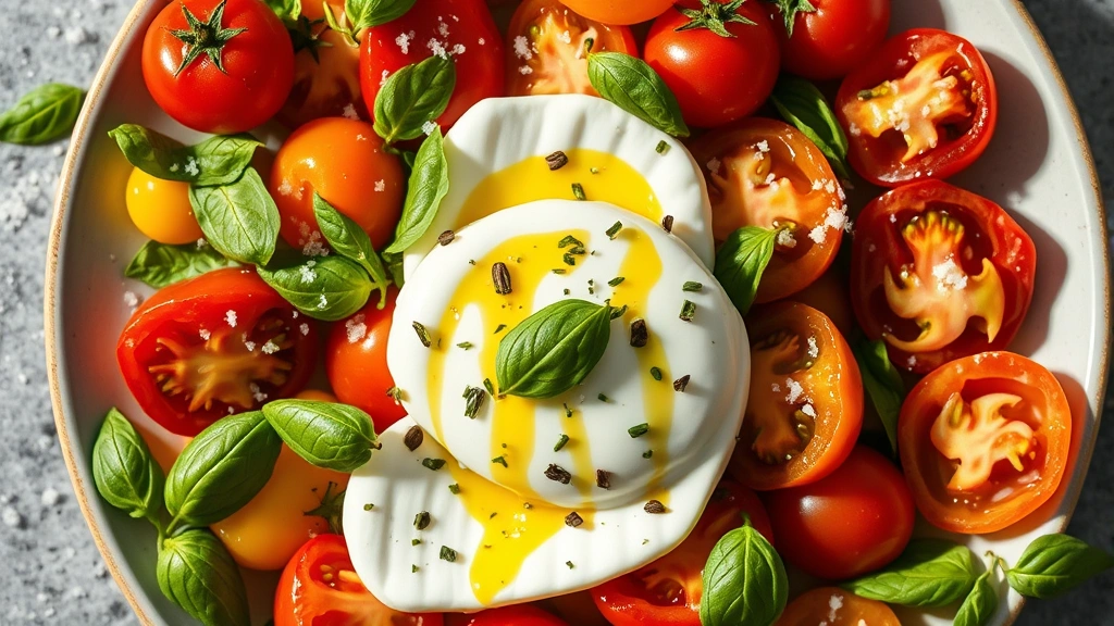 Overhead flat lay of burrata salad with heirloom tomatoes in varied colors, basil oil drizzle, fleur de sel crystals, bright daylight, vibrant colors, fresh herbs scattered, artisanal plating presentation