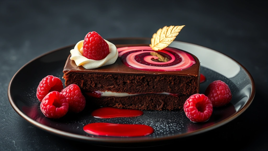 Artistic plating of chocolate torte with raspberry coulis swirl, vanilla cream quenelle, fresh raspberries, gold leaf accent, dark background, professional pastry photography, dramatic lighting highlighting texture