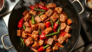 Overhead shot of steaming wok with vibrant red Sichuan beef stir-fry, whole dried chilies glistening, tender beef pieces separated, aromatic steam rising, professional kitchen lighting, no text visible