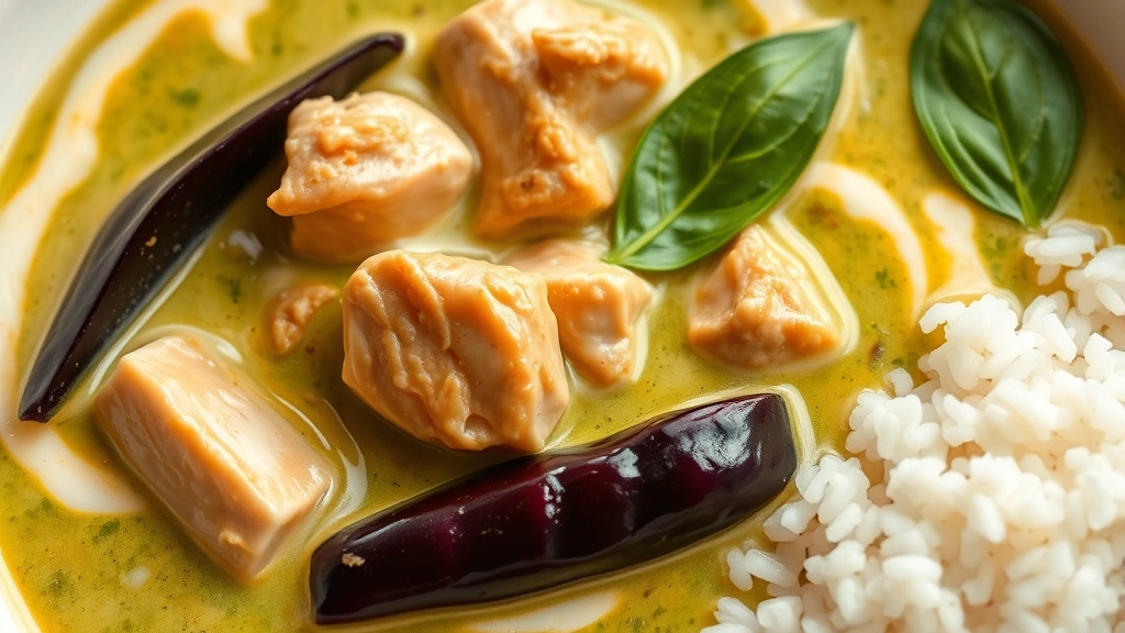 Close-up of creamy green Thai curry with tender chicken pieces, Thai eggplant, holy basil leaves floating, coconut cream swirls, jasmine rice beside, natural lighting highlighting color depth, photorealistic detail