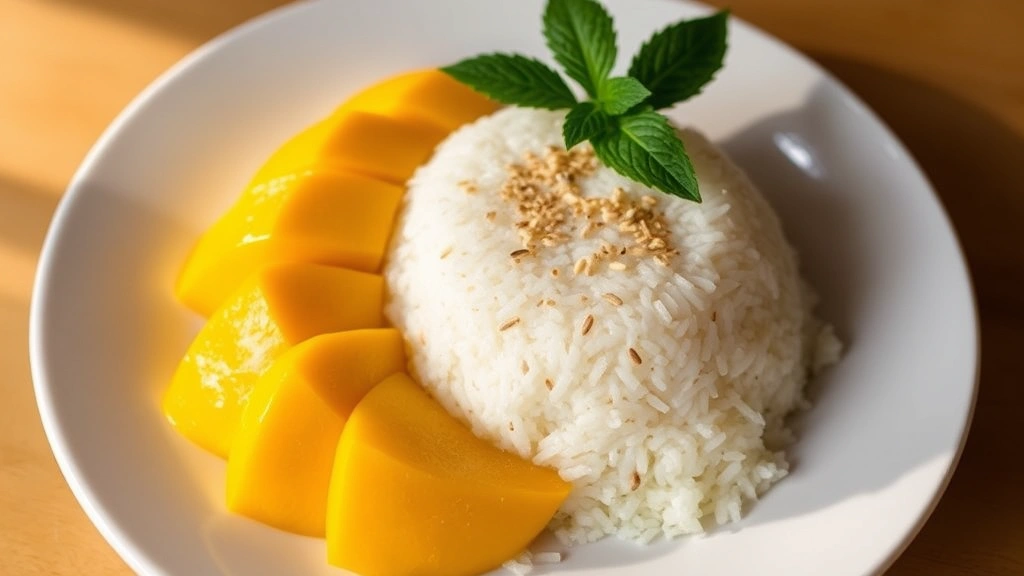 Plated mango sticky rice with perfectly ripe golden mango slices arranged artfully, coconut-infused sticky rice, sesame seed drizzle, minimalist white plate, soft warm lighting, fresh garnish, no labels visible