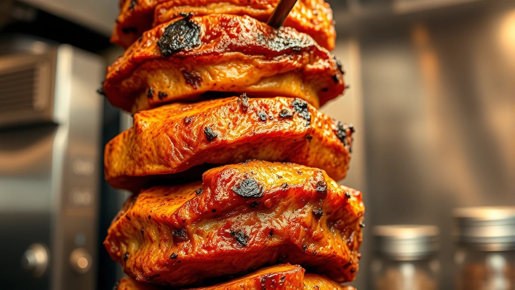 Close-up of vertical rotisserie spit with golden-brown charred meat layers rotating slowly, warm kitchen lighting reflecting off stainless steel equipment, Mediterranean spices visible in air