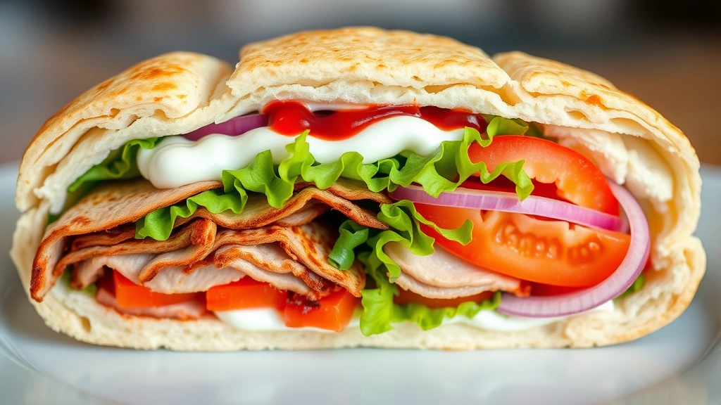 Freshly prepared gyro sandwich cross-section showing layers of tender sliced meat, creamy tzatziki, bright pomegranate sauce, crisp lettuce, fresh tomato, red onion on warm pita bread, artfully plated