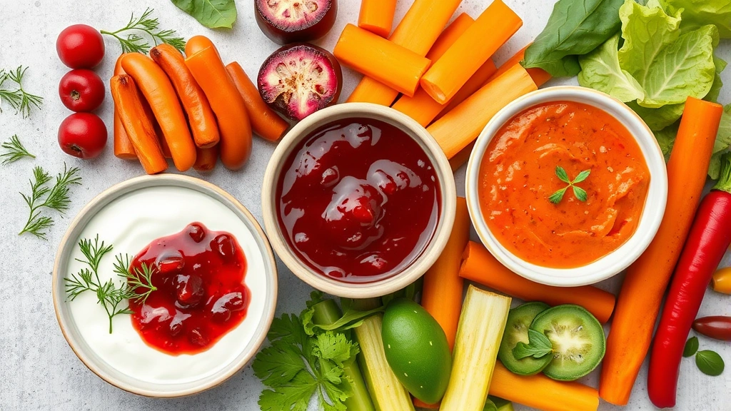 Overhead flat lay of three sauce bowls - creamy white tzatziki with fresh dill, deep red pomegranate molasses sauce, and vibrant orange-red harissa paste - arranged with fresh Mediterranean vegetables between them