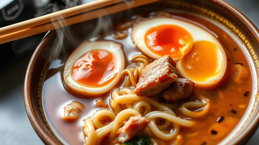 Steaming bowl of rich amber miso ramen with curly noodles, tender chashu pork, soft-boiled egg with jammy yolk, bamboo shoots, and sesame seeds in traditional ceramic bowl, steam wisping upward, chopsticks resting on rim
