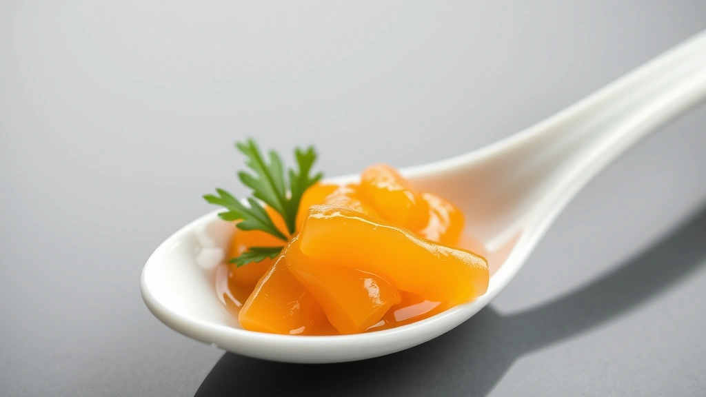 Elegant plating of translucent golden uni (sea urchin) roe on premium white ceramic spoon with single shiso leaf, pristine orange lobes glistening with oceanic shimmer, minimalist presentation emphasizing ingredient quality