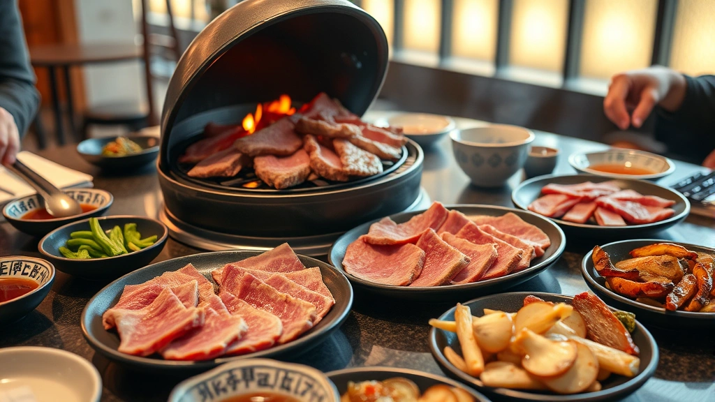 Interactive table dining scene with helmet-shaped jingisukan grill, thinly sliced raw lamb arranged on ceramic plates, colorful grilled vegetables including mushrooms and onions with caramelized edges, small bowls of dipping sauce, warm ambient lighting
