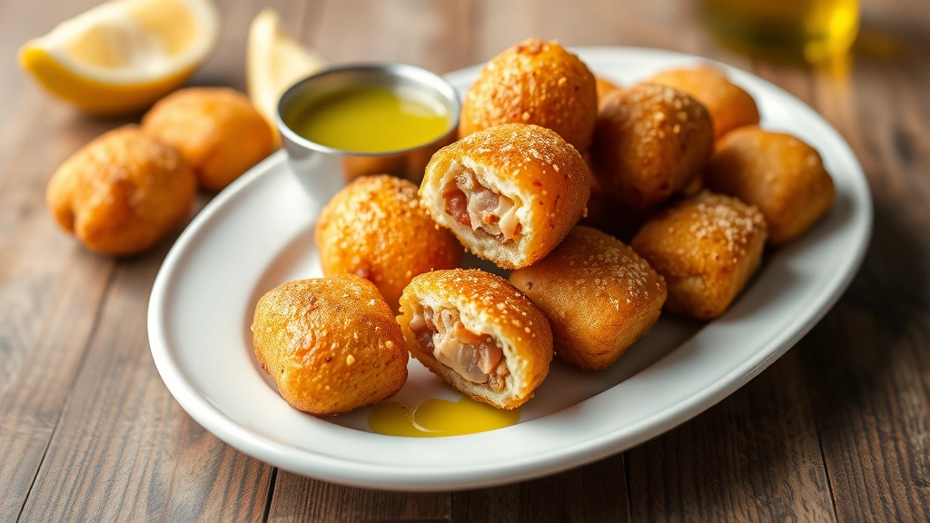 Golden-crispy croquetas with creamy jamón ibérico filling, arranged on white ceramic plate with fresh lemon wedge and Spanish olive oil drizzle, professional food photography