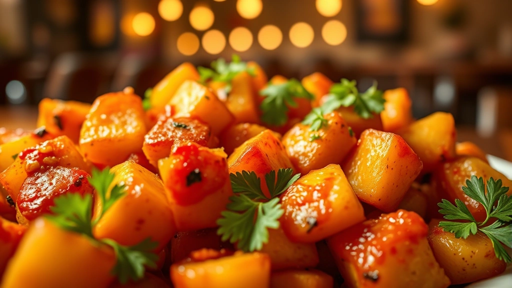 Vibrant patatas bravas with paprika-spiced sauce, crispy potato cubes glistening under warm restaurant lighting, garnished with fresh parsley, shallow depth of field