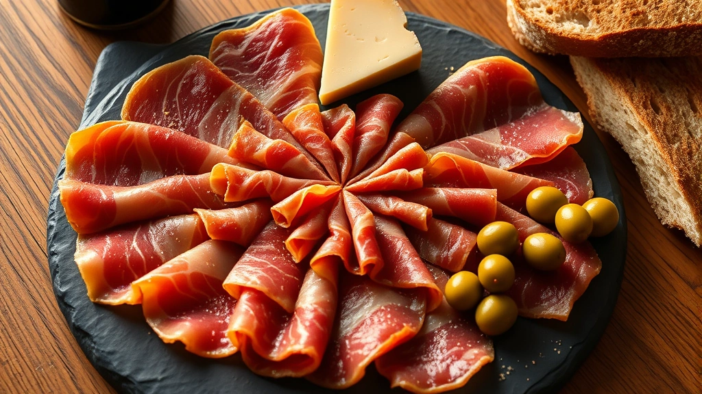 Thin-sliced jamón ibérico arranged in rose pattern on slate board with Manchego cheese, green olives, and crusty bread, warm golden hour lighting, artisanal presentation