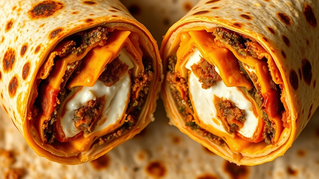 Close-up overhead shot of Crunchwrap Supreme cut in half, revealing hexagonal layers with visible nacho cheese, seasoned beef, sour cream, and crispy tostada shell interior, warm soft lighting highlighting textures