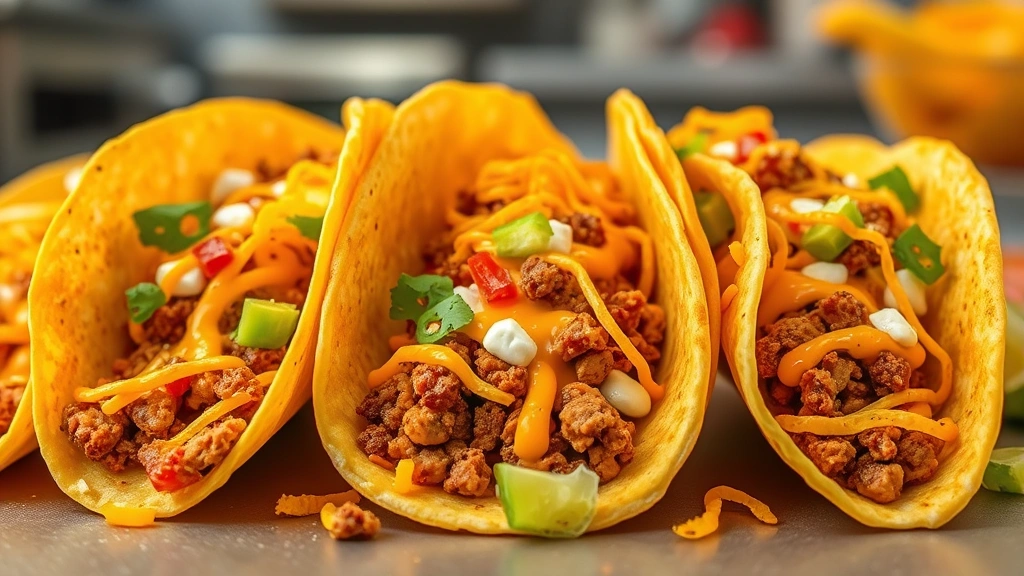 Flat lay arrangement of Doritos Locos Tacos unwrapped showing vibrant nacho cheese-dusted shells, seasoned beef filling, melted cheese sauce, fresh lettuce, commercial kitchen background blurred
