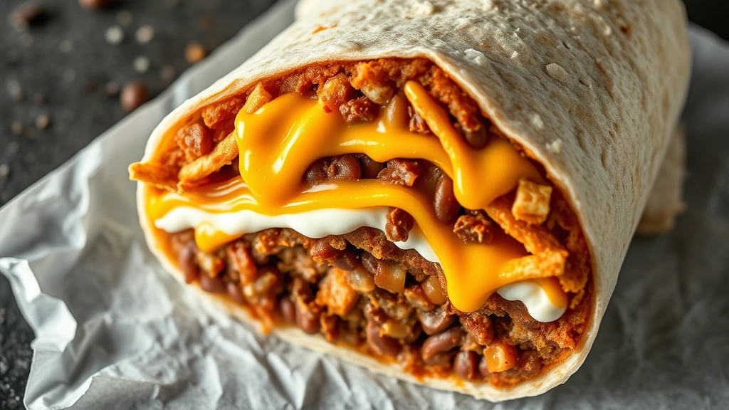Artistic overhead composition of Beefy 5-Layer Burrito cross-section displaying distinct layers of refried beans, seasoned beef, nacho cheese sauce, sour cream, and crispy tostada strips, professional food photography lighting