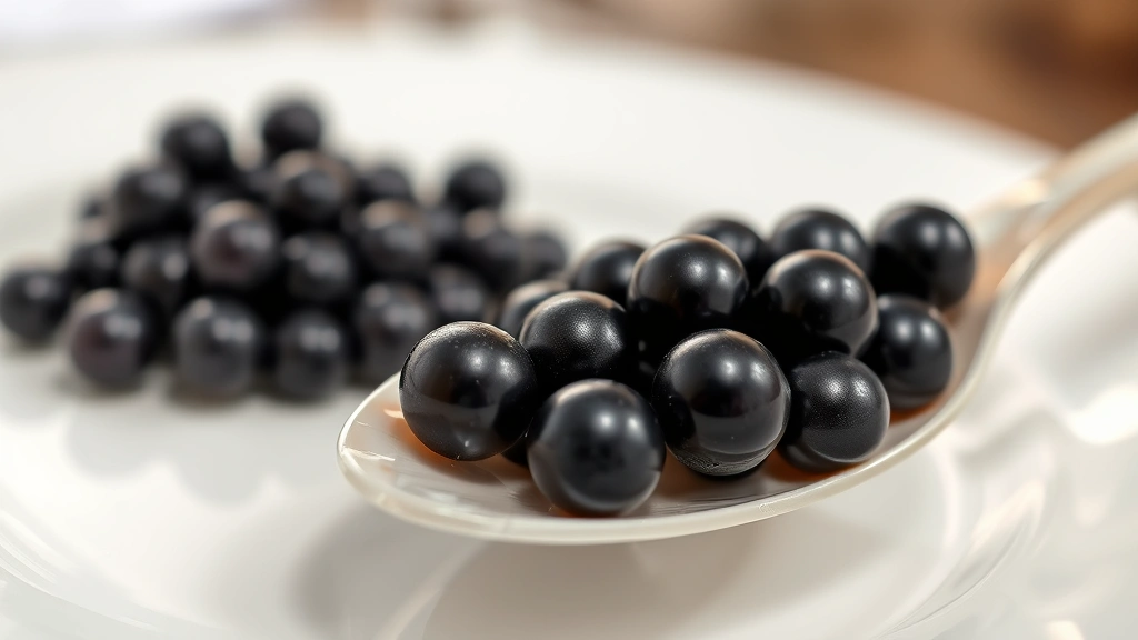 Close-up of glistening black Beluga caviar pearls arranged on mother-of-pearl spoon, backlit to show luminosity, with blurred white plate and champagne flute in background, photorealistic fine dining presentation