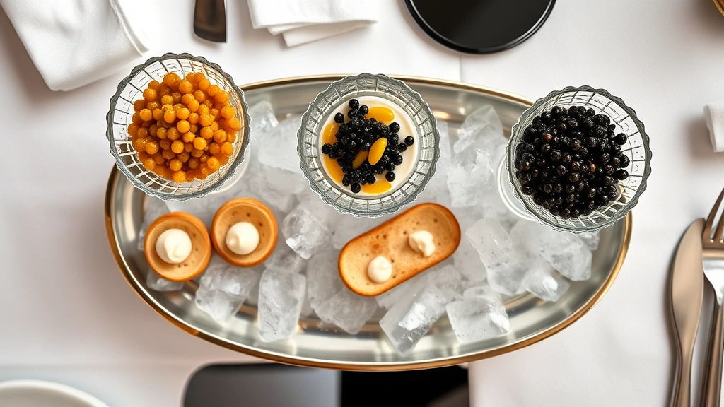 Overhead view of elegant caviar tasting flight featuring three varieties in crystal bowls—golden Osetra, black Beluga, and darker Sevruga—with fresh blini, crème fraîche dollops, and ice surrounding, sophisticated restaurant table setting with white linens