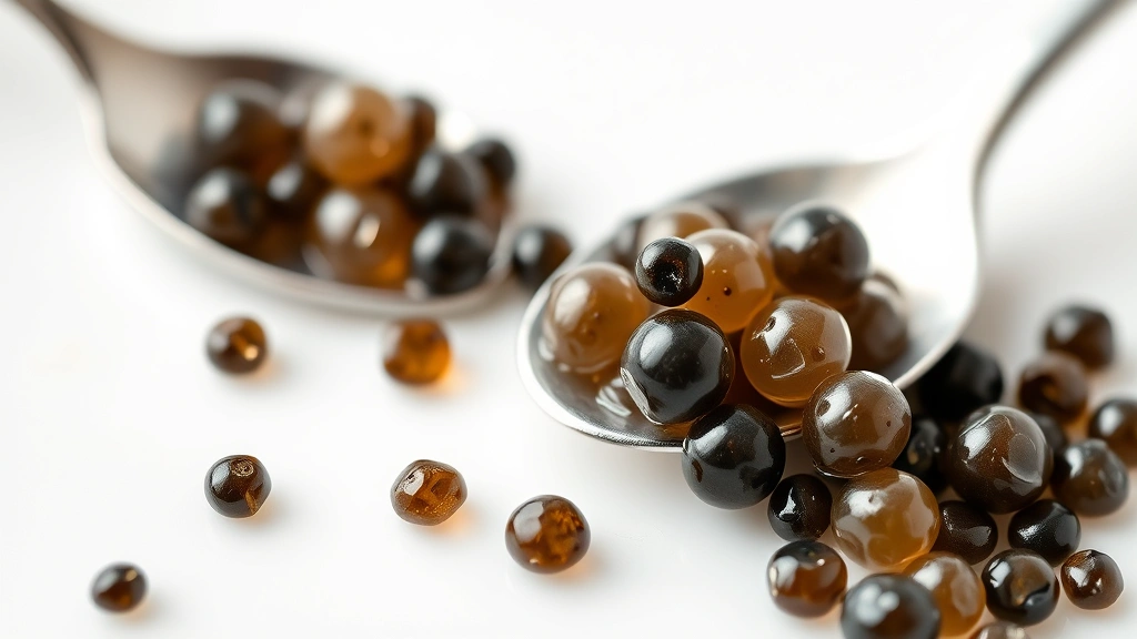 Artistic close-up of caviar eggs bursting on palate, macro photography showing individual pearls with moisture and shine, pearl spoon positioned nearby, minimalist white background suggesting refined culinary experience