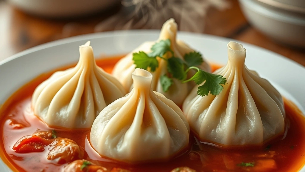 Close-up of perfectly pleated momos steaming hot on a white ceramic plate with tomato achaar and rich meat broth, garnished with fresh cilantro, steam rising visibly, soft warm lighting highlighting dumpling textures