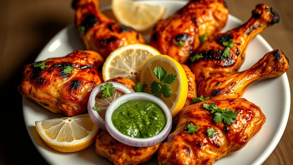Golden-brown tandoori chicken pieces with charred edges arranged on a white plate with sliced onions, fresh lemon wedges, and vibrant green mint chutney, dramatic warm lighting emphasizing caramelized exterior