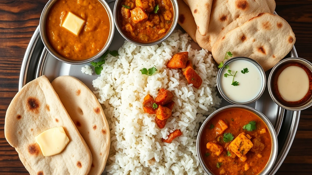 Complete dal bhat thali spread featuring fluffy white basmati rice, silky orange dal, seasonal vegetable curries, fresh naan bread with butter, small bowls of chutneys, and fresh herbs, top-down composition with warm natural lighting