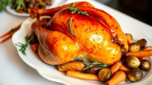 Golden roasted turkey with glistening mahogany skin, garnished with fresh herbs and surrounded by roasted root vegetables including carrots, parsnips, and Brussels sprouts on a elegant white porcelain platter