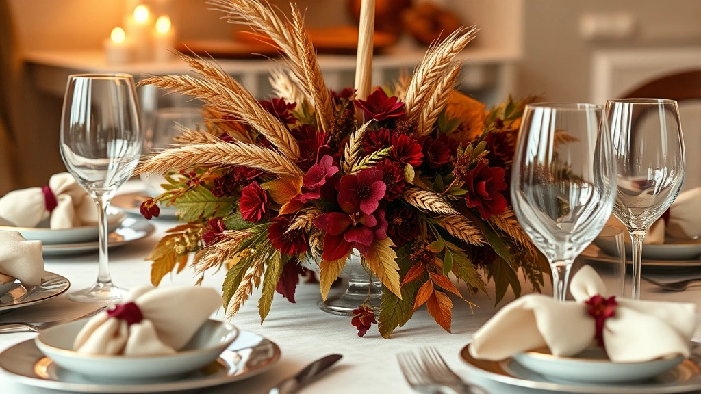 Elegant Thanksgiving table setting with fine china plates, crystal wine glasses, folded linen napkins, and autumn floral centerpiece featuring dried wheat, burgundy flowers, and seasonal foliage in soft candlelight