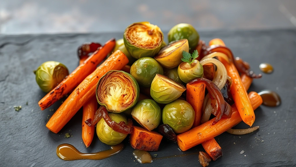 Artfully plated autumn vegetable medley featuring roasted Brussels sprouts with crispy edges, glazed carrots, caramelized onions, and herb-infused vegetables arranged on a modern slate plate with sauce drizzle