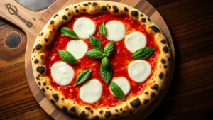 Overhead shot of a perfectly charred Margherita pizza on wooden peel with leopard-spotted crust, fresh mozzarella pools, vibrant basil leaves, and bright red San Marzano sauce, photographed in warm pizzeria lighting