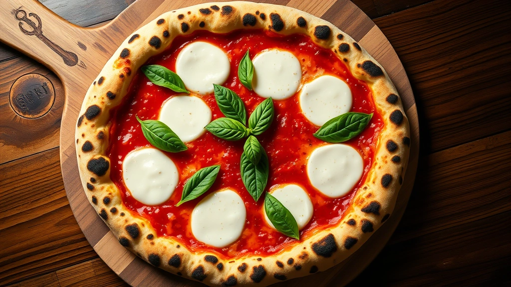 Overhead shot of a perfectly charred Margherita pizza on wooden peel with leopard-spotted crust, fresh mozzarella pools, vibrant basil leaves, and bright red San Marzano sauce, photographed in warm pizzeria lighting