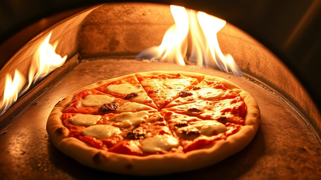 Close-up of a wood-fired pizza oven with flames visible, showing a pizza mid-rotation inside with golden-brown crust and melted cheese, professional kitchen setting with copper-toned oven