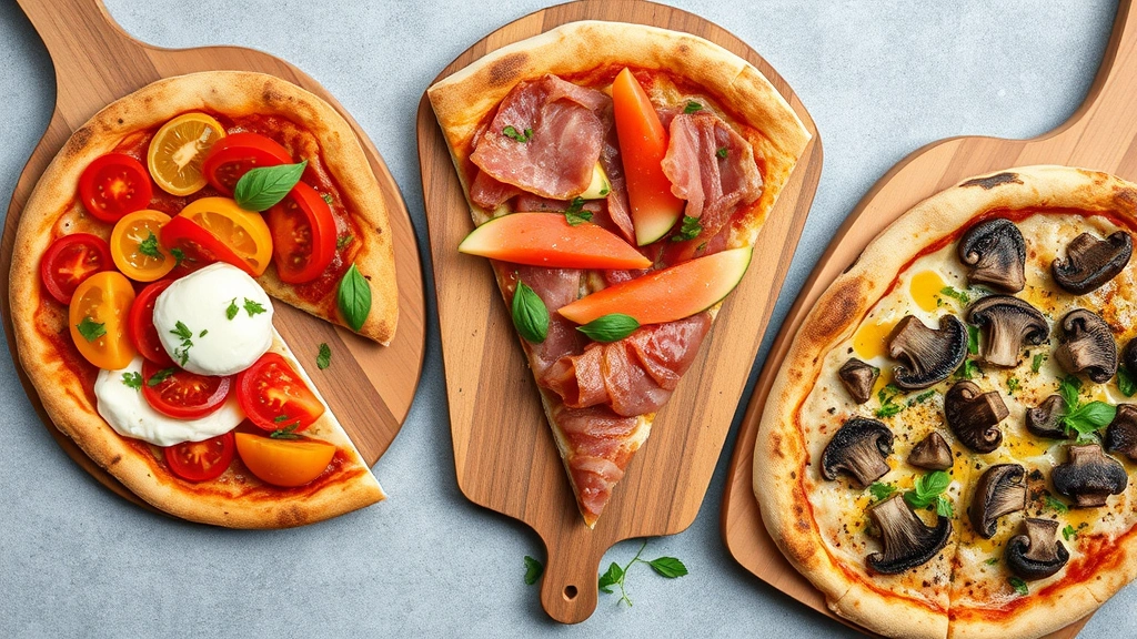 Flat lay of three different sliced pizzas on rustic wooden boards: one topped with fresh burrata and heirloom tomatoes, another with prosciutto and melons, third with wild mushrooms and truffle oil, garnished with fresh herbs