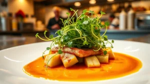 High-quality plated gourmet dish with vibrant microgreens, artistic sauce presentation, professional restaurant kitchen background, warm natural lighting highlighting food textures and colors, photorealistic culinary masterpiece.
