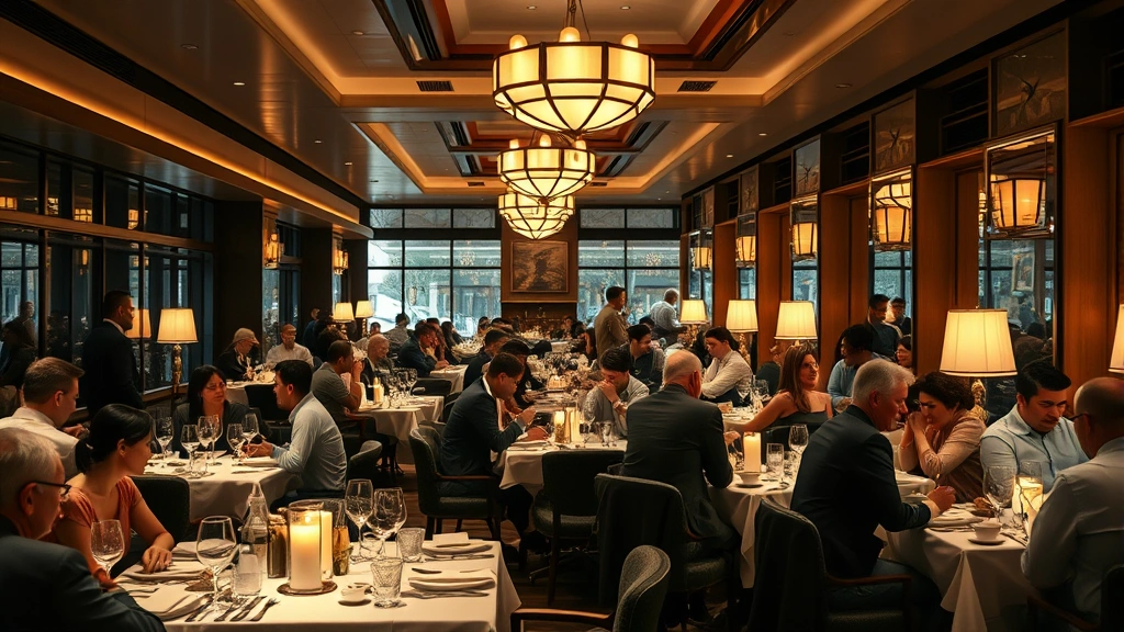 Bustling restaurant dining room with diverse customers enjoying meals, elegant table settings with fine china, ambient candlelight creating warm atmosphere, sophisticated interior design with modern décor, photorealistic fine dining ambiance.