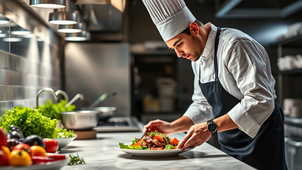 Professional chef plating dish with precision, stainless steel kitchen equipment gleaming under bright lights, fresh premium ingredients visible on marble counter, focused culinary expertise in action, photorealistic kitchen excellence scene.