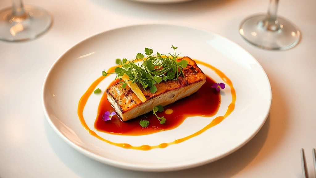 Overhead shot of an elegantly plated fine dining dish featuring a protein with artistic sauce drizzle, microgreens, and edible flowers on white porcelain plate, soft warm lighting, professional restaurant setting