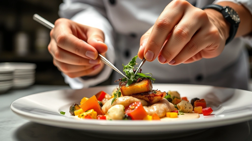 Close-up of a chef's hands expertly plating a contemporary cuisine dish with precision tweezers, adding final garnish touches, sharp focus on the detailed food composition, professional kitchen background