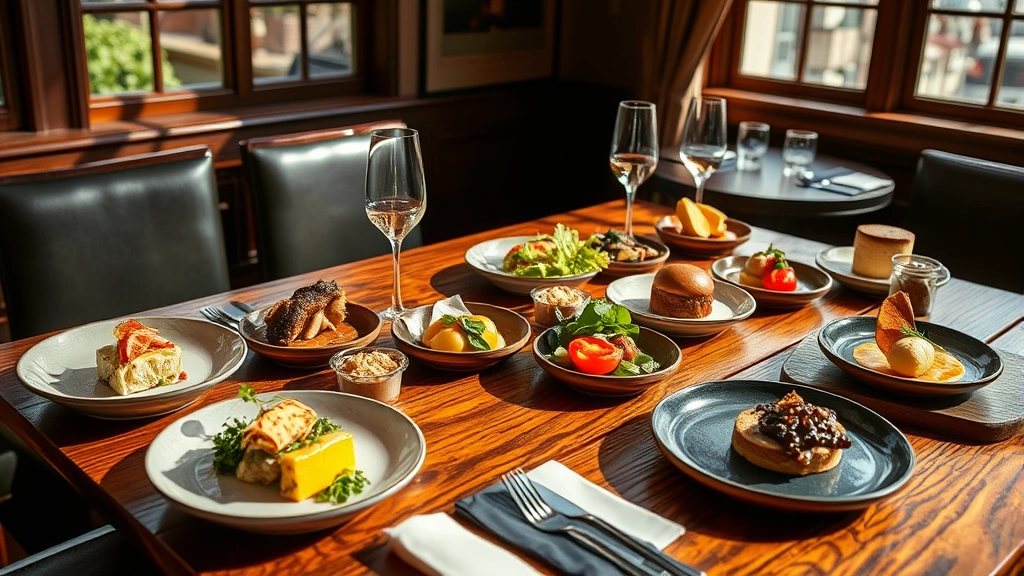 Vibrant shot of a multi-course tasting menu progression displayed across a wooden table, showing variety of colors textures and presentations from appetizer through dessert, natural window lighting, elegant table setting