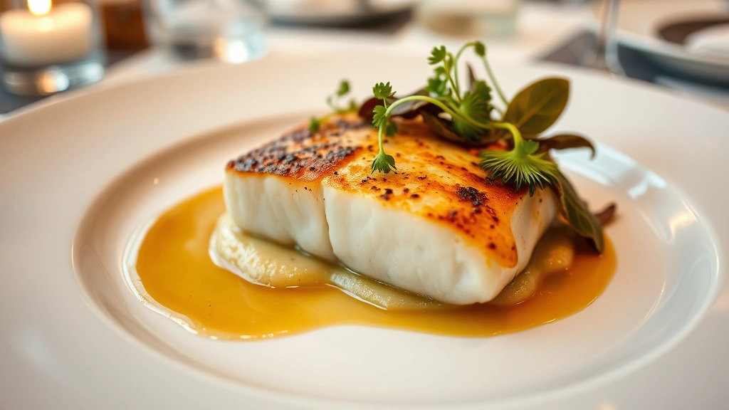 Pan-seared halibut with charred brassica purée, brown butter emulsion, crispy sage leaves on white ceramic plate, fine dining presentation, shallow depth of field, warm restaurant lighting, garnished with microgreens