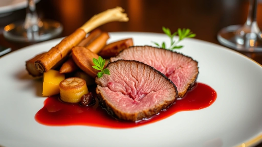 Dry-aged duck breast sliced medium-rare with cherry gastrique, roasted root vegetables, mahogany-hued crispy skin, deep red sauce pooled artfully, fine dining plating, warm golden lighting, sophisticated presentation