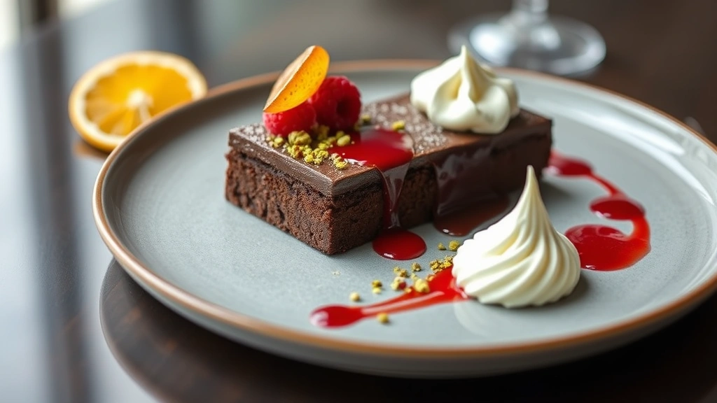 Dark chocolate torte with raspberry coulis drizzle, pistachio crumb, whipped mascarpone quenelle, candied citrus garnish, elegant dessert plating, fine dining presentation, soft natural light, professional food photography